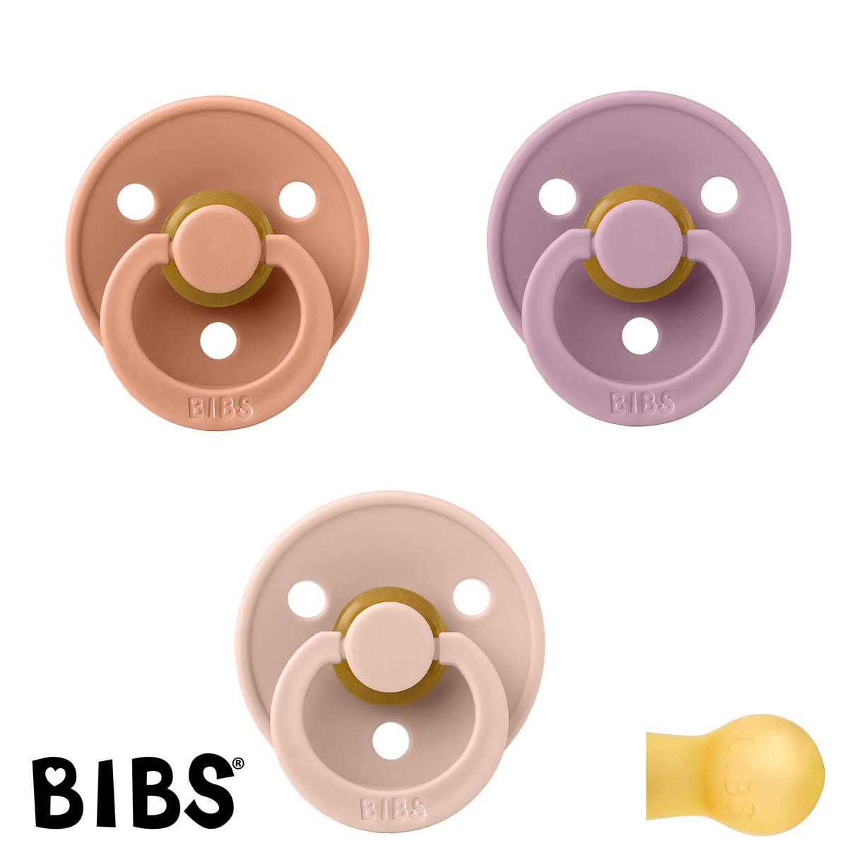 BIBS Colour Sutter med navn str2, 1 Heather, 1 Peach, 1 Blush, Runde latex, Pakke med 3 sutter