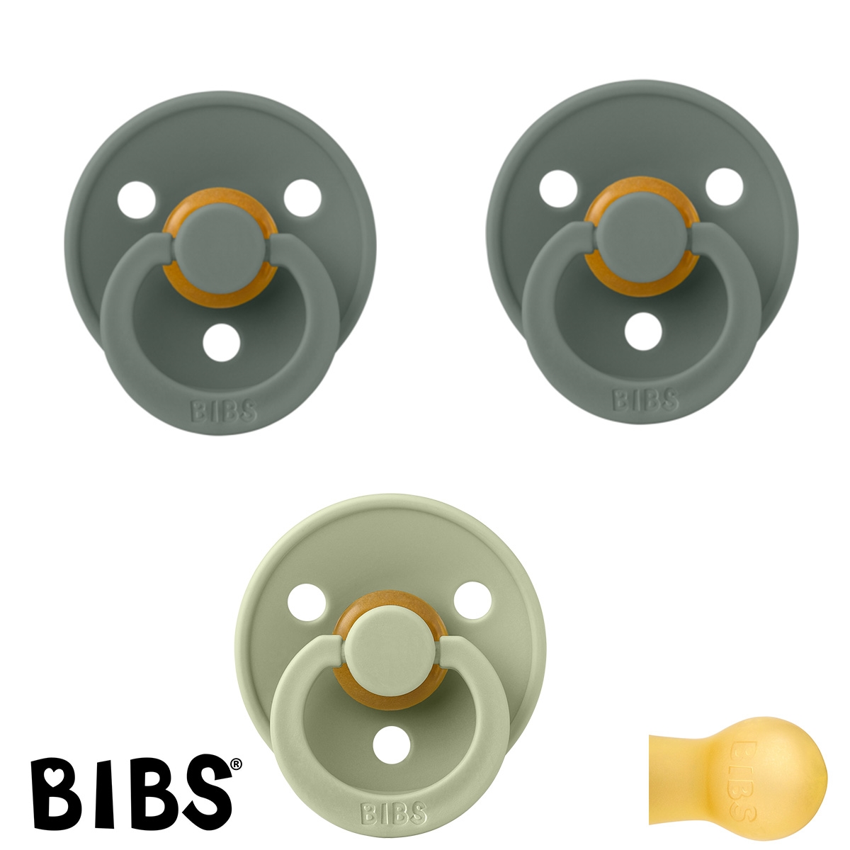 BIBS Colour Sutter med navn str2, 2 Pine, 1 Sage, Runde latex, Pakke med 3 sutter