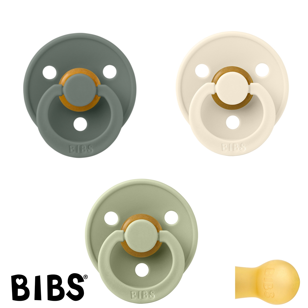 BIBS Colour Sutter med navn str2, 1 Pine, 1 Ivory, 1 Sage, Runde latex, Pakke med 3 sutter