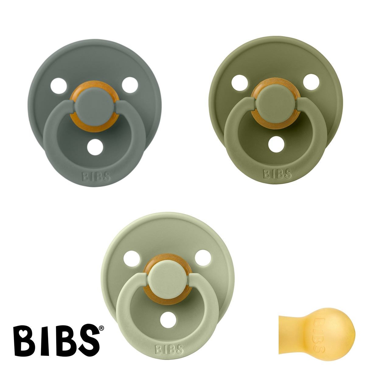 BIBS Colour Sutter med navn str2, 1 Pine, 1 Olive, 1 Sage, Runde latex, Pakke med 3 sutter