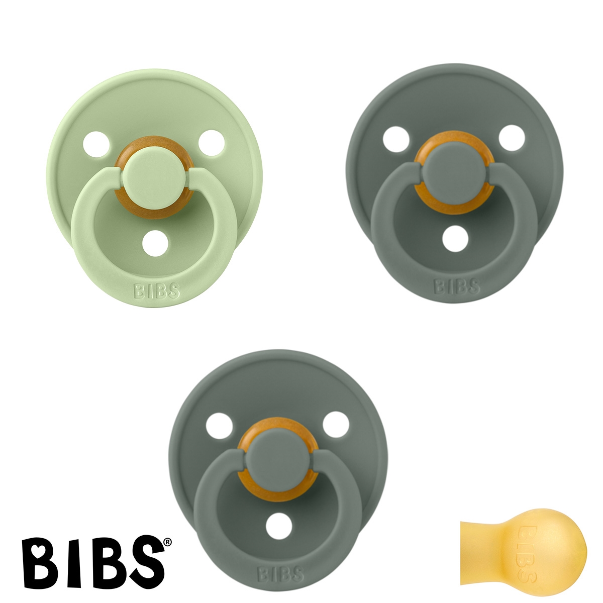 BIBS Colour Sutter med navn str2 , 1 Pistachio, 2 Pine, Runde latex, Pakke med 3 sutter